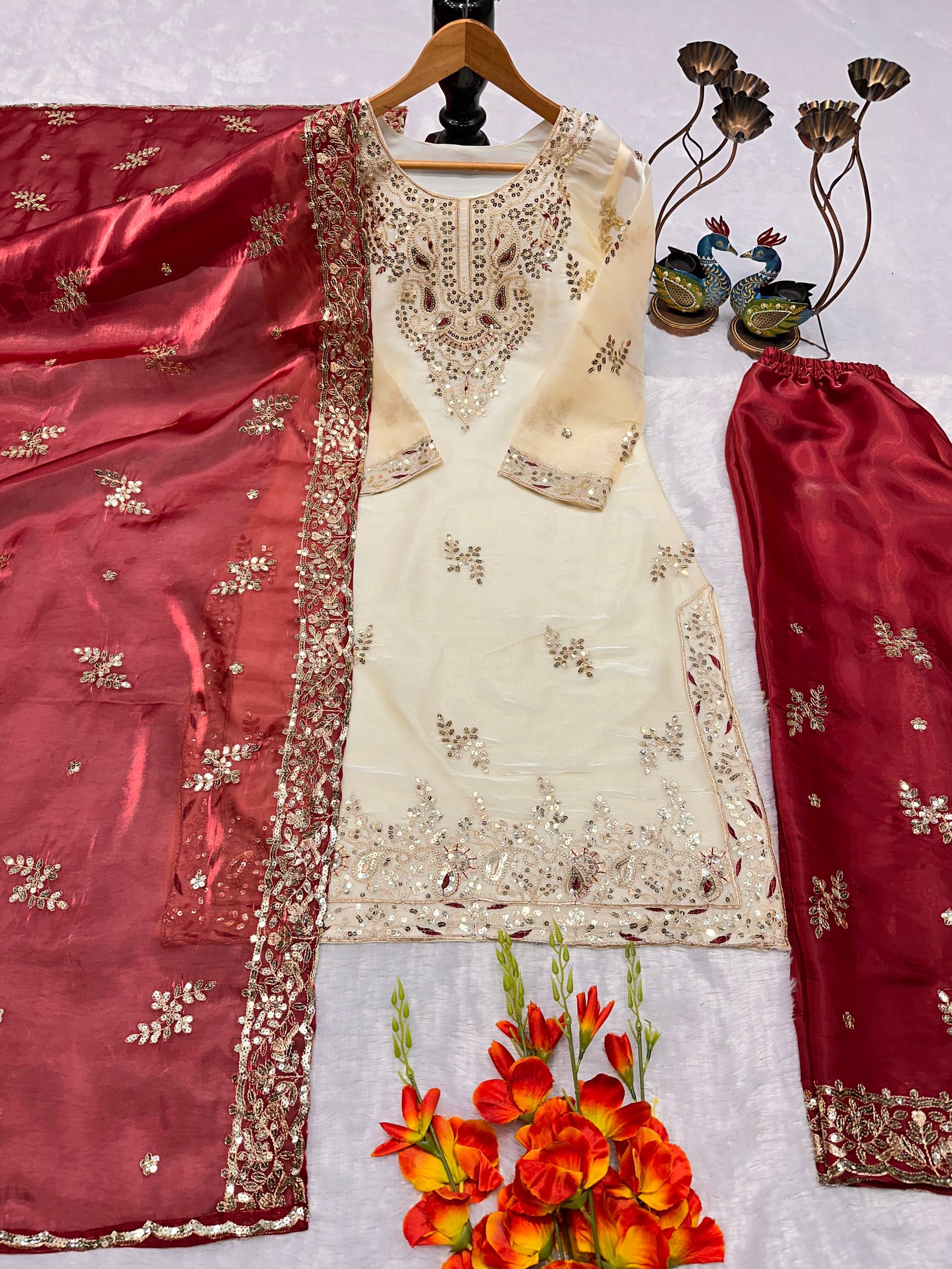 Bespoke Ivory & Teal Jewel-Tone Ensemble