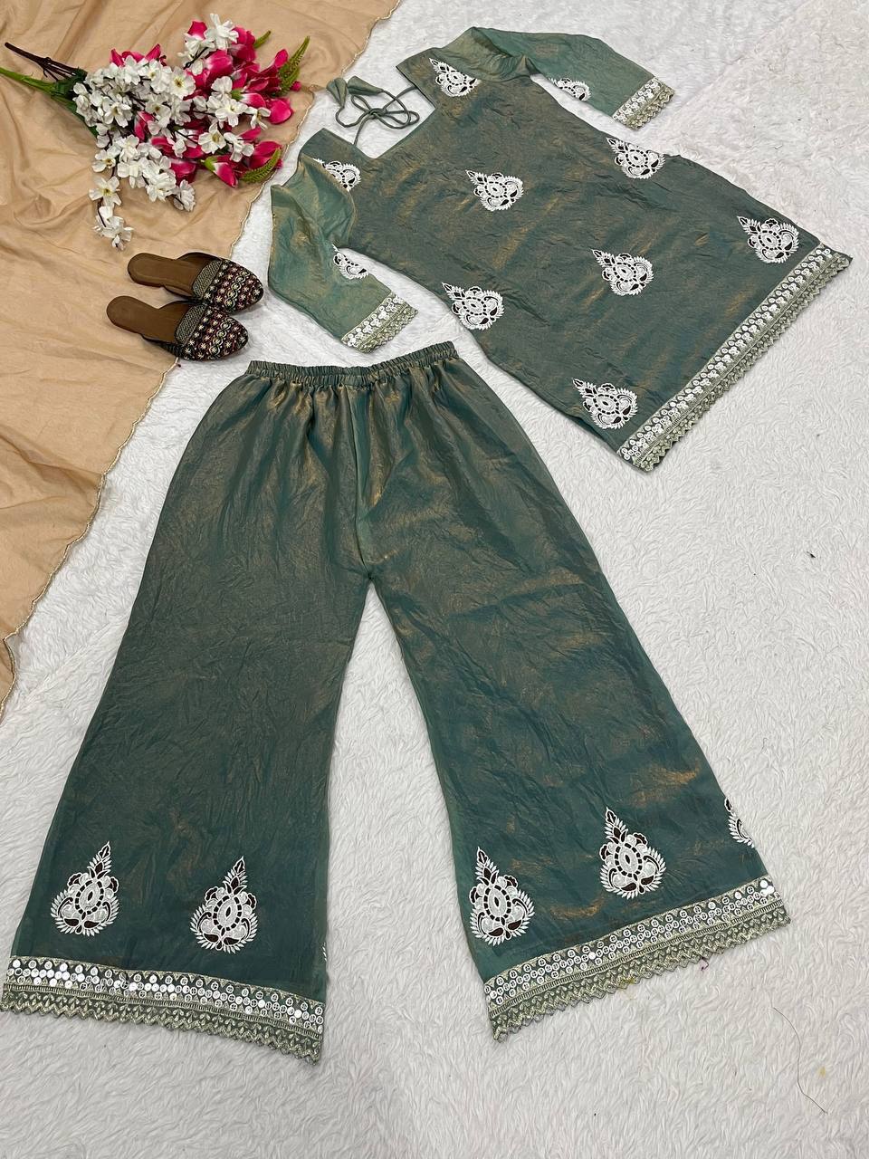 Radiant Mint Tissue Silk Palazzo Set