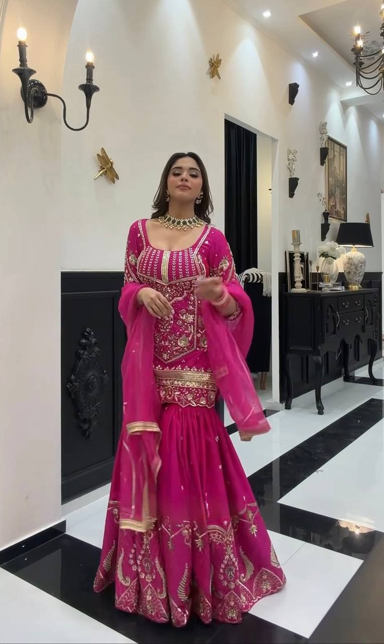 Ultra-Premium Fuchsia Pink Couture Sharara Set | Luxury Festive Wear