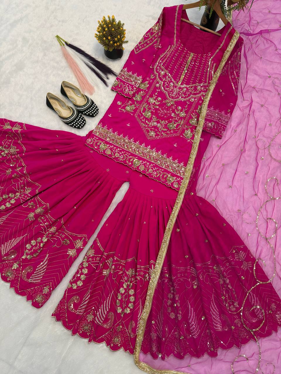 Ultra-Premium Fuchsia Pink Couture Sharara Set | Luxury Festive Wear