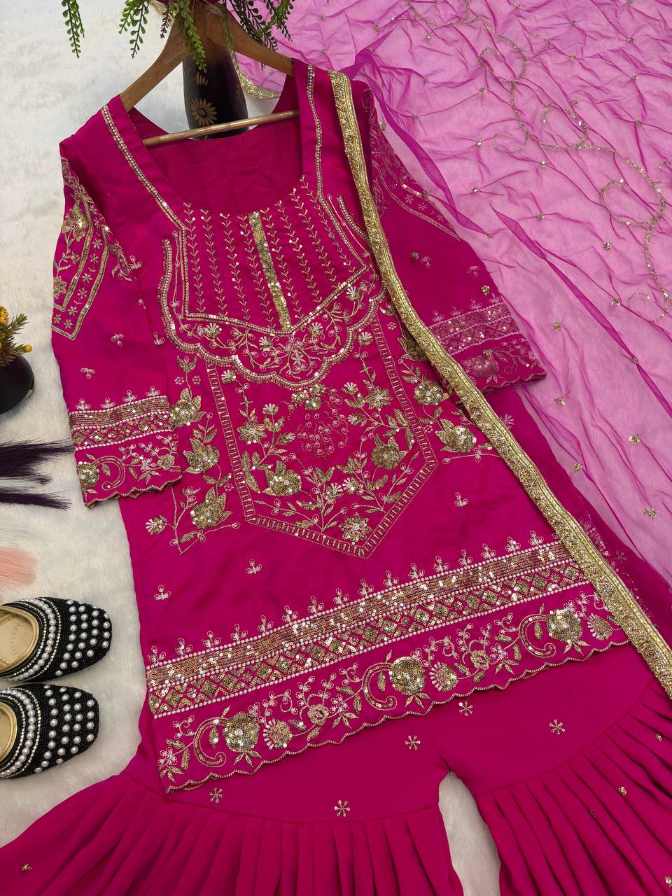 Ultra-Premium Fuchsia Pink Couture Sharara Set | Luxury Festive Wear