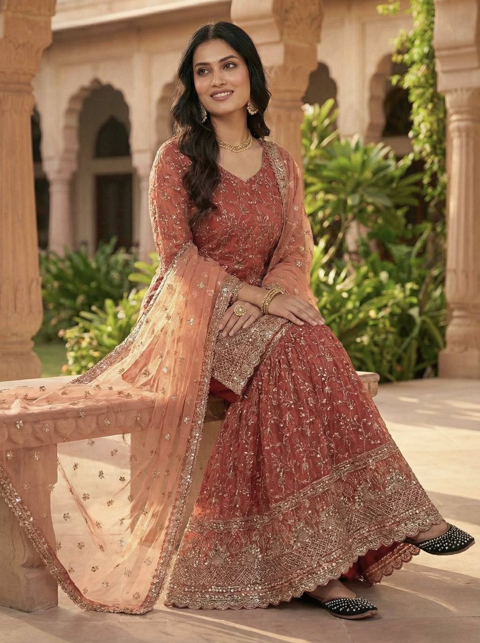 Ultra-Premium Terracotta Rani Couture Sharara Set | Luxury Festive Wear