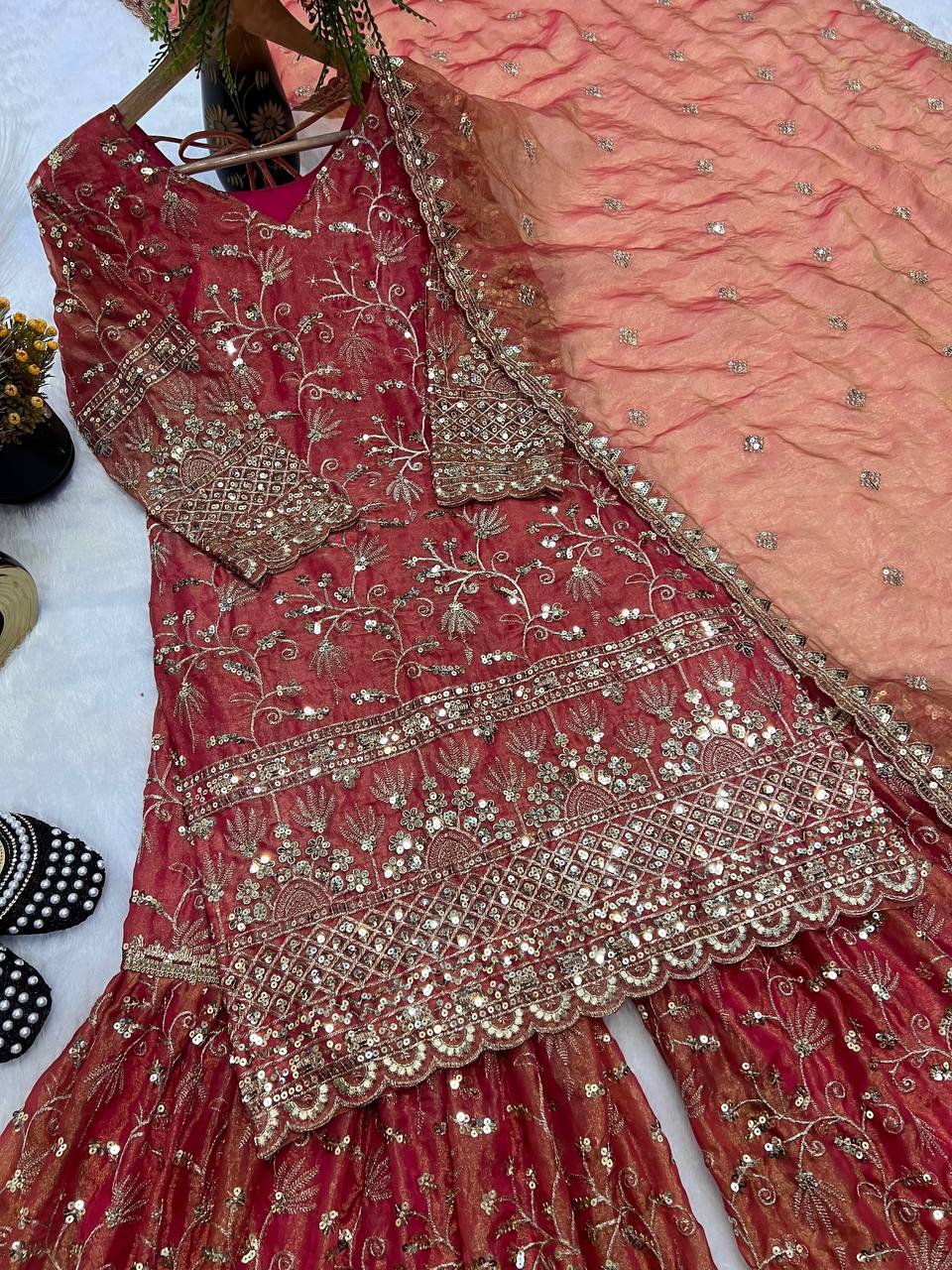 Ultra-Premium Terracotta Rani Couture Sharara Set | Luxury Festive Wear