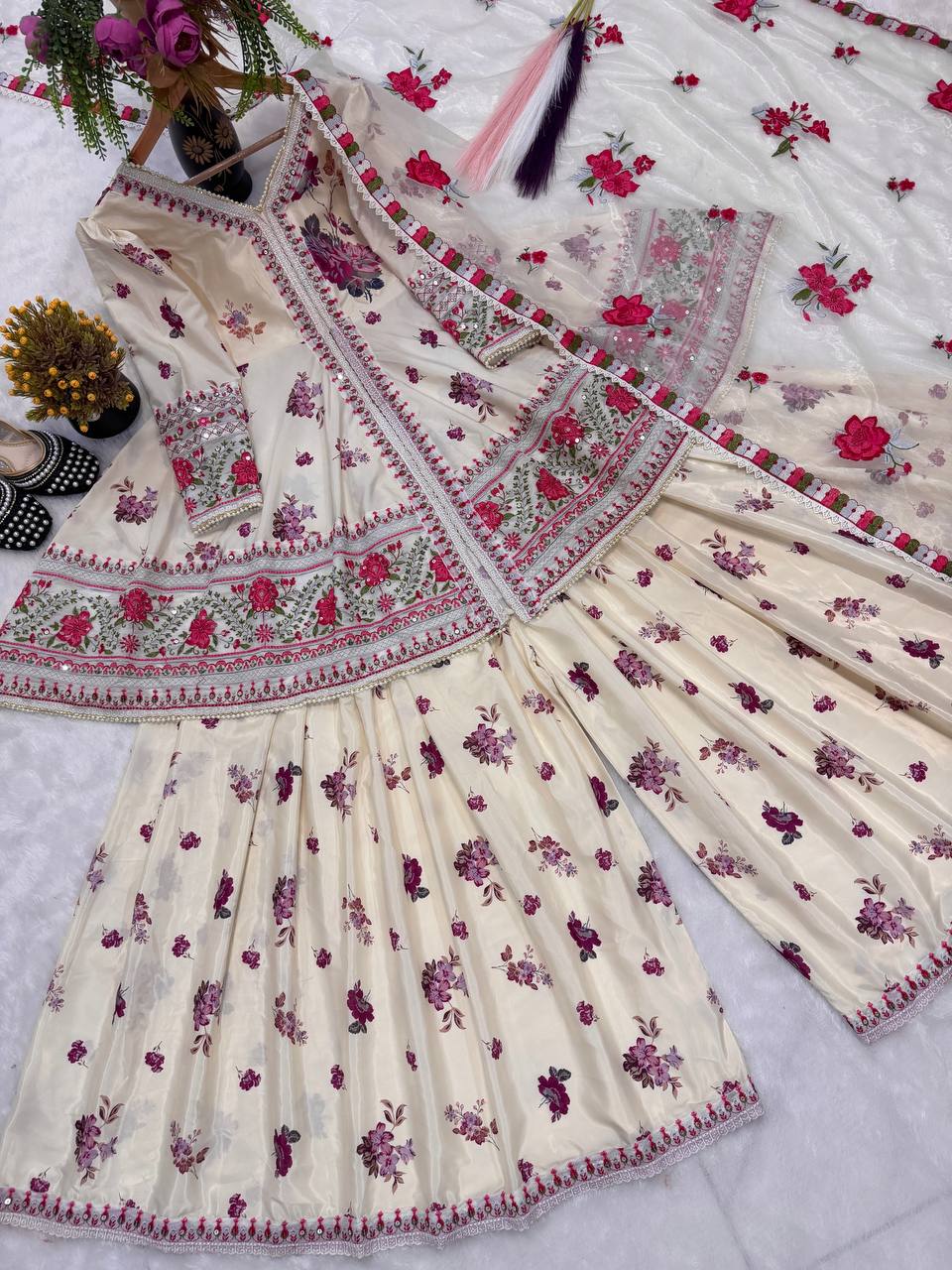 Ultra-Premium Ivory Beige Floral Couture Sharara Set | Luxury Festive Wear