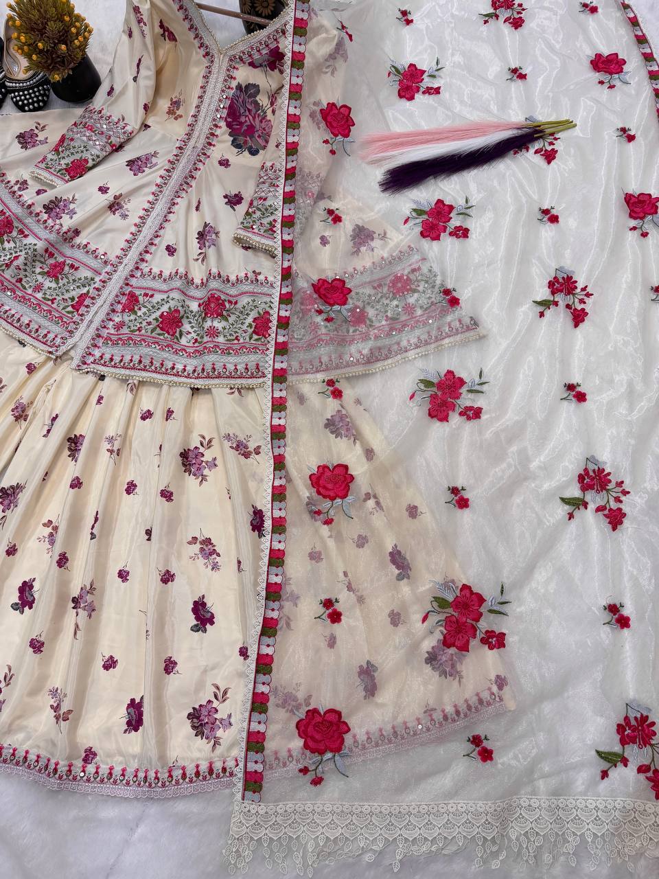 Ultra-Premium Ivory Beige Floral Couture Sharara Set | Luxury Festive Wear