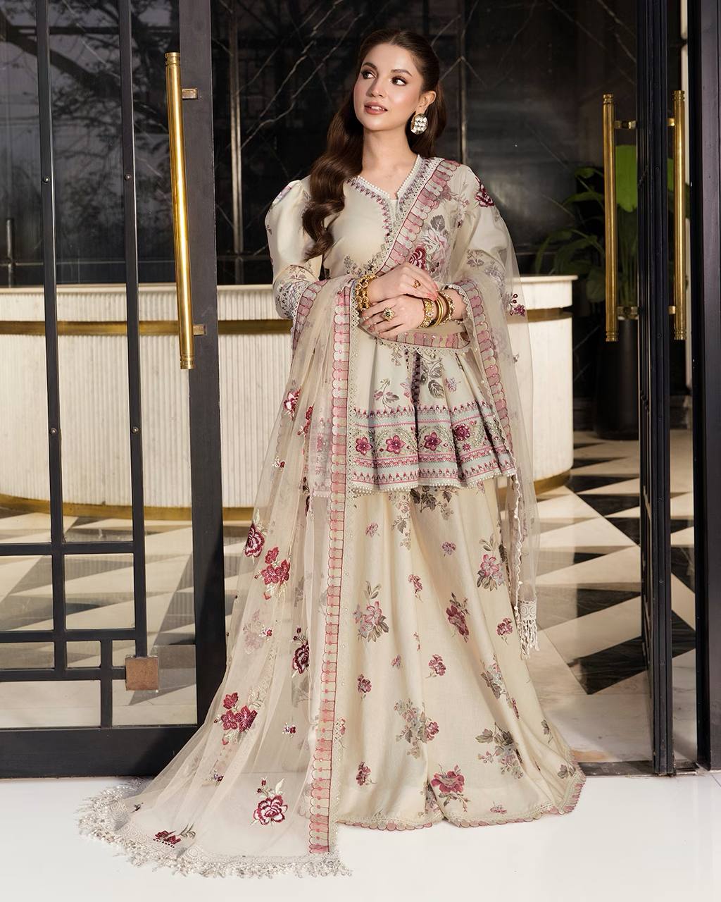 Ultra-Premium Ivory Beige Floral Couture Sharara Set | Luxury Festive Wear