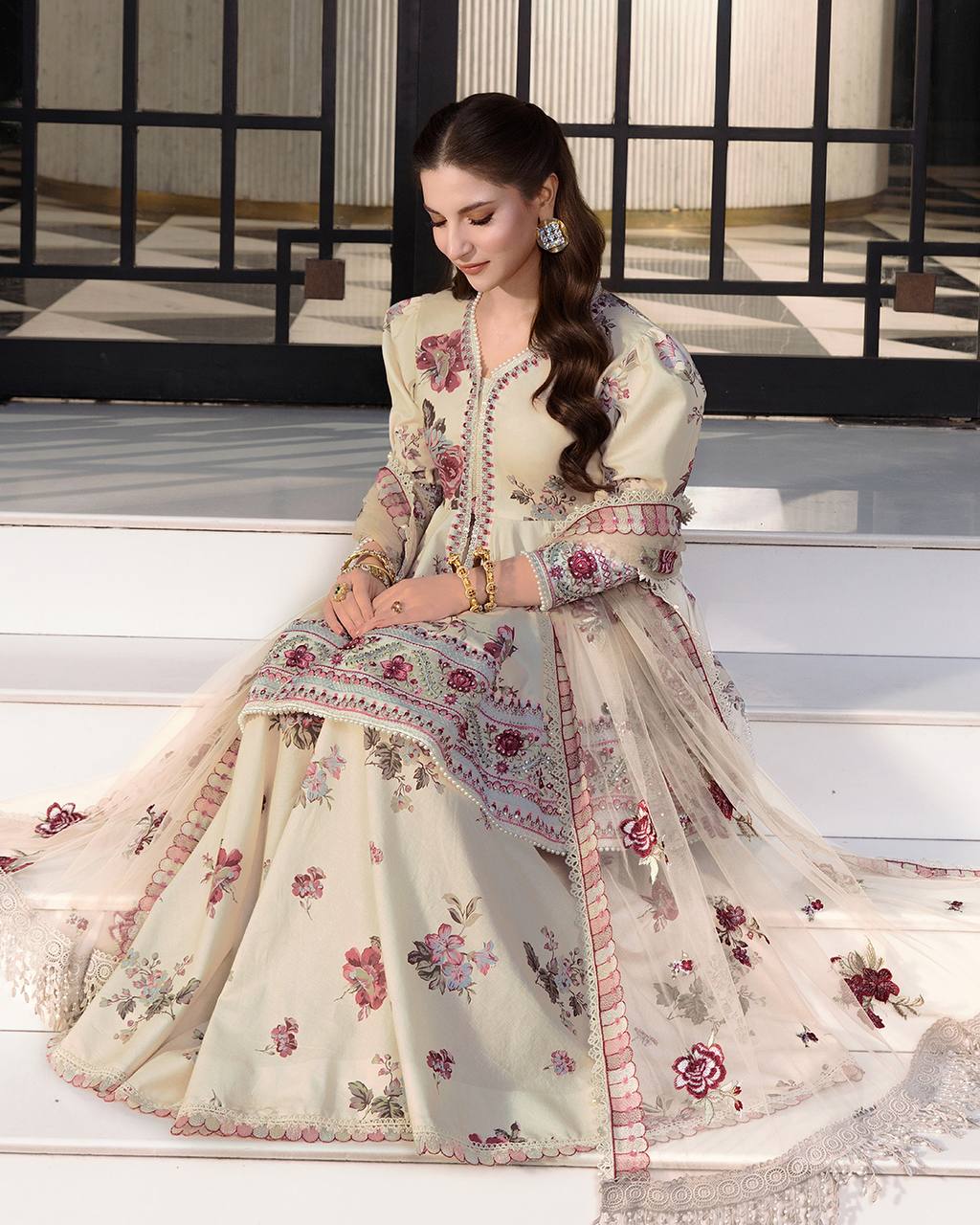 Ultra-Premium Ivory Beige Floral Couture Sharara Set | Luxury Festive Wear