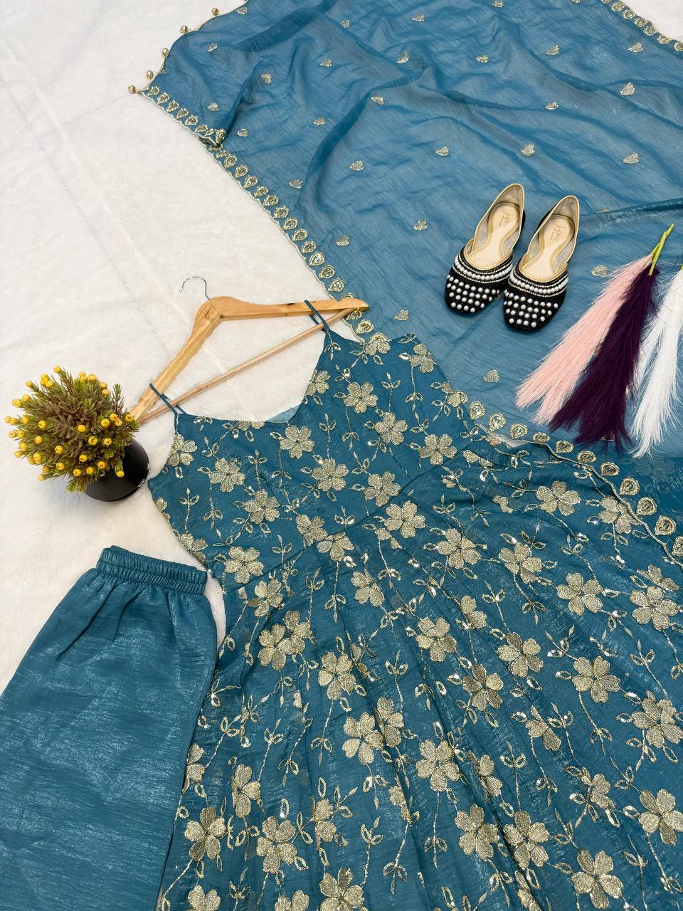 Ultra-Premium Rama Green Floral Couture Set | Luxury Evening Wear