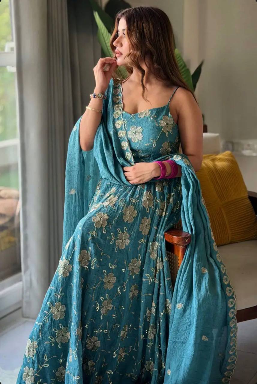 Ultra-Premium Rama Green Floral Couture Set | Luxury Evening Wear