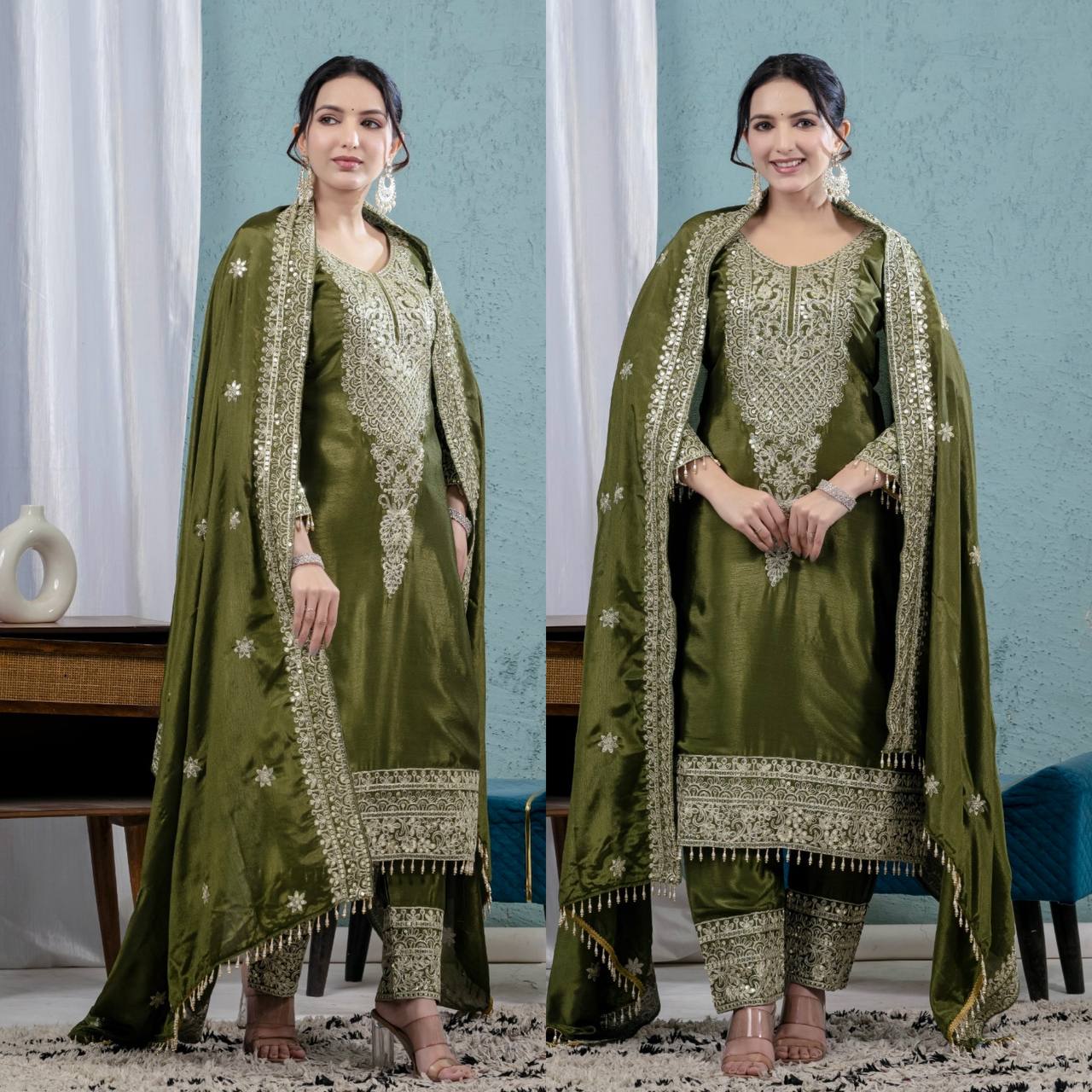 Deep Moss Satin Embellished Set