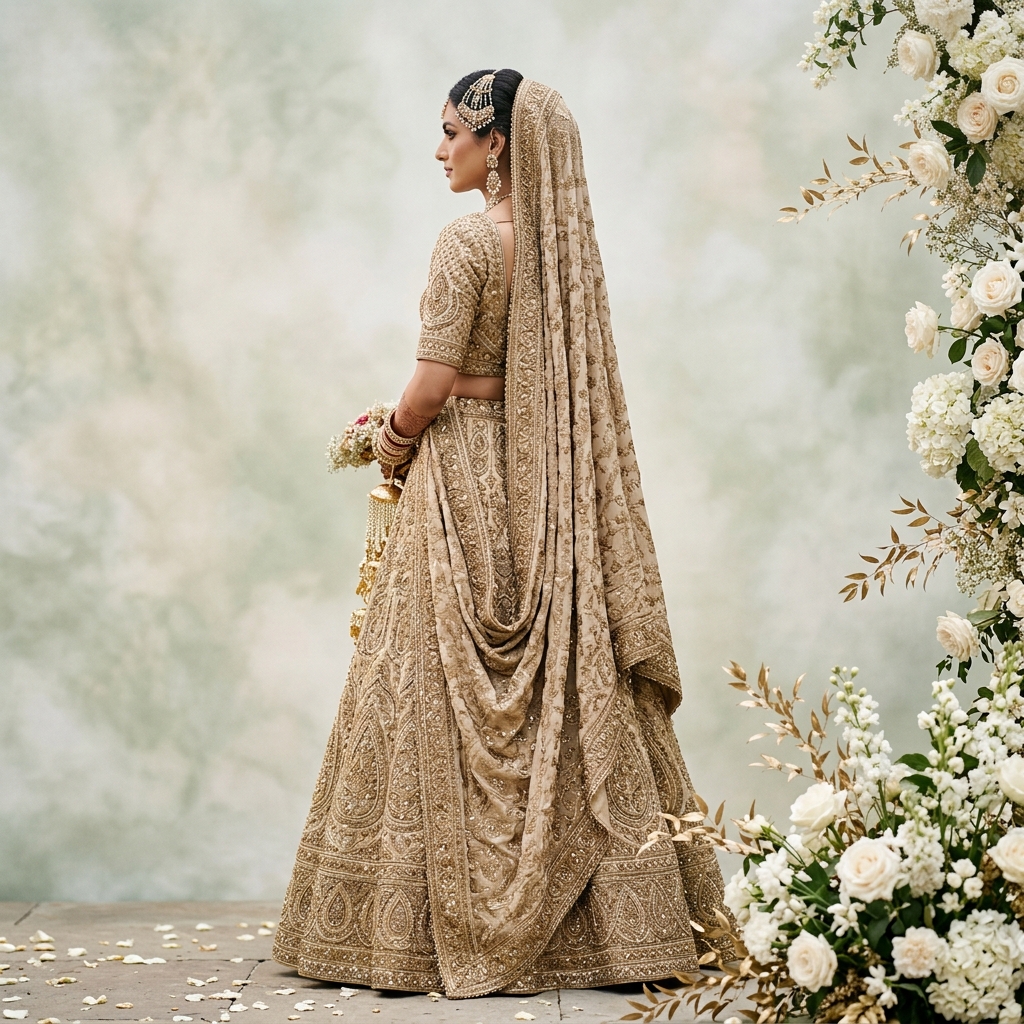 Noor By Nidhi Royal Bride standing elegantly inside classic palace arches